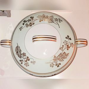 12" Noritake Lidded Serve Pot 5296 Turquoise with Gold Floral Vintage Serve Dish
